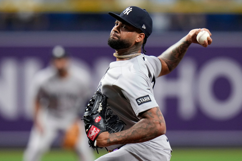 New York Yankees pitcher Luis Gil delivers to the Tampa Bay Rays during the first inning of a baseball game Friday, April 10, 2026, in St. Petersburg, Fla. (AP Photo/Chris O'Meara)