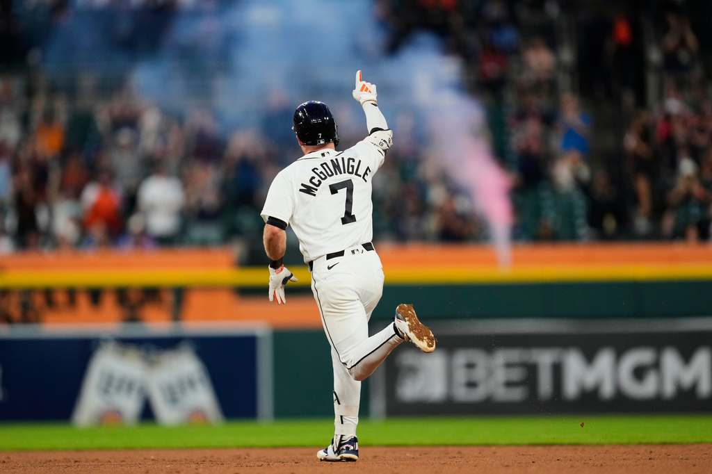 Detroit Tigers' Kevin McGonigle celebrates his two-run home run against the Minnesota Twins during the fifth inning of a baseball game Tuesday, Sept. 8, 2026, in Detroit. (AP Photo/Paul Sancya)