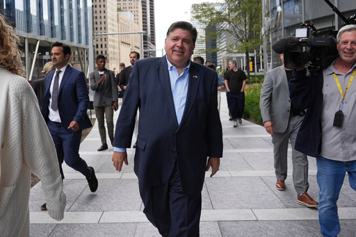 FILE - Illinois Governor JB Pritzker walks to River Point Park for a news conference, Aug. 25, 2025, in Chicago. (AP Photo/Nam Y. Huh, File) FILE - Illinois Governor JB Pritzker walks to River Point Park for a news conference, Aug. 25, 2025, in Chicago. (AP Photo/Nam Y. Huh, File)