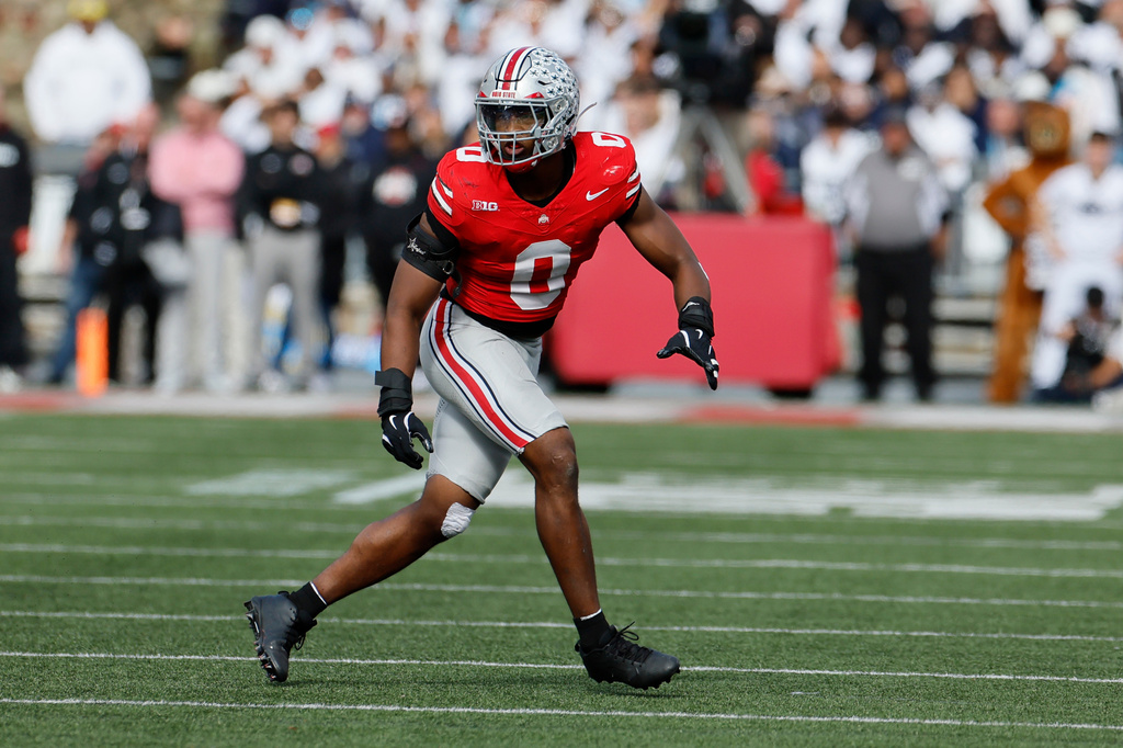 FILE - Ohio State linebacker Sonny Styles plays against Penn State during an NCAA college football game, Saturday, Nov. 1, 2025, in Columbus, Ohio. (AP Photo/Jay LaPrete, File)