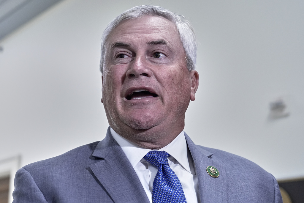House Oversight Committee Chairman James Comer, R-Ky., speaks to reporters as he arrives for a deposition with former Attorney General Bill Barr, on Capitol Hill, Monday, Aug 18, 2025, in Washington. (AP Photo/Mariam Zuhaib)