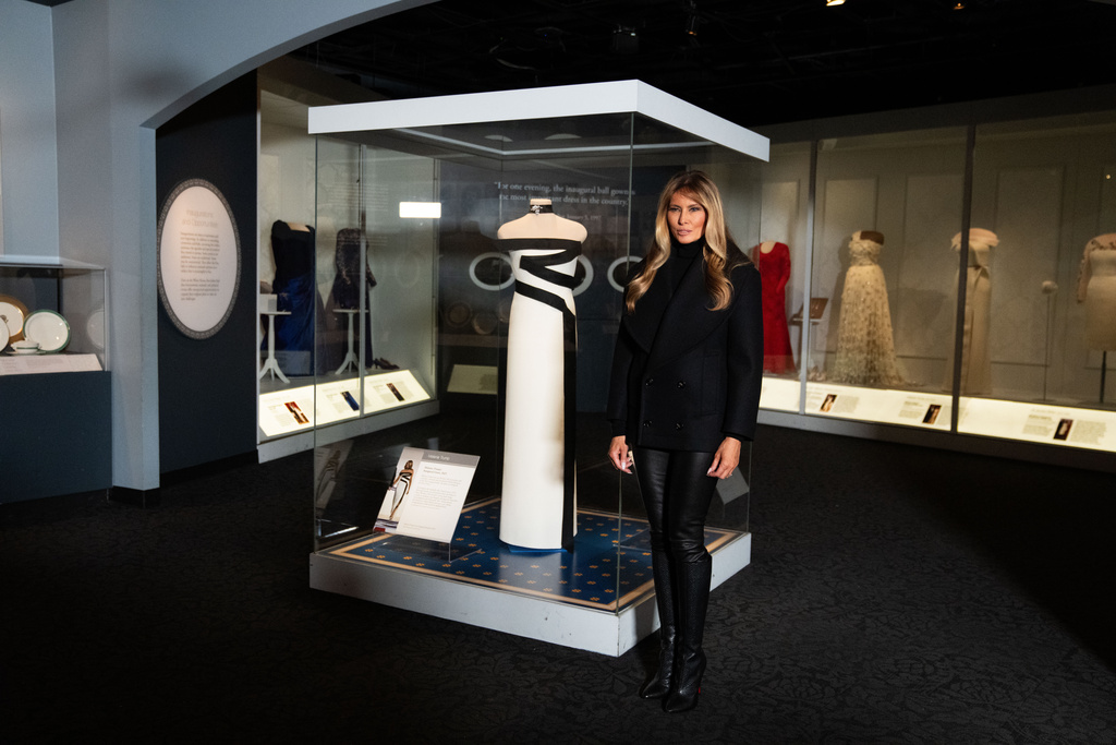 First lady Melania Trump presents her 2025 inaugural ball gown to the Smithsonian National Museum of American History, Friday, Feb. 20, 2026, in Washington. (AP Photo/Allison Robbert)