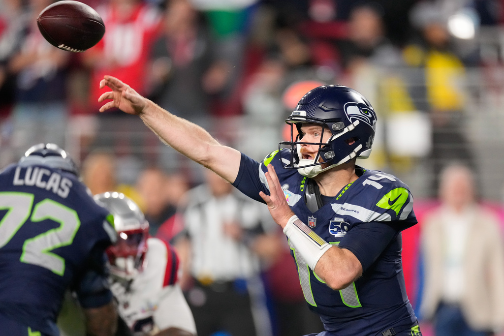 Seattle Seahawks quarterback Sam Darnold throws a pass during the second half of the NFL Super Bowl 60 football game against the New England Patriots, Sunday, Feb. 8, 2026, in Santa Clara, Calif. (AP Photo/Mark J. Terrill)