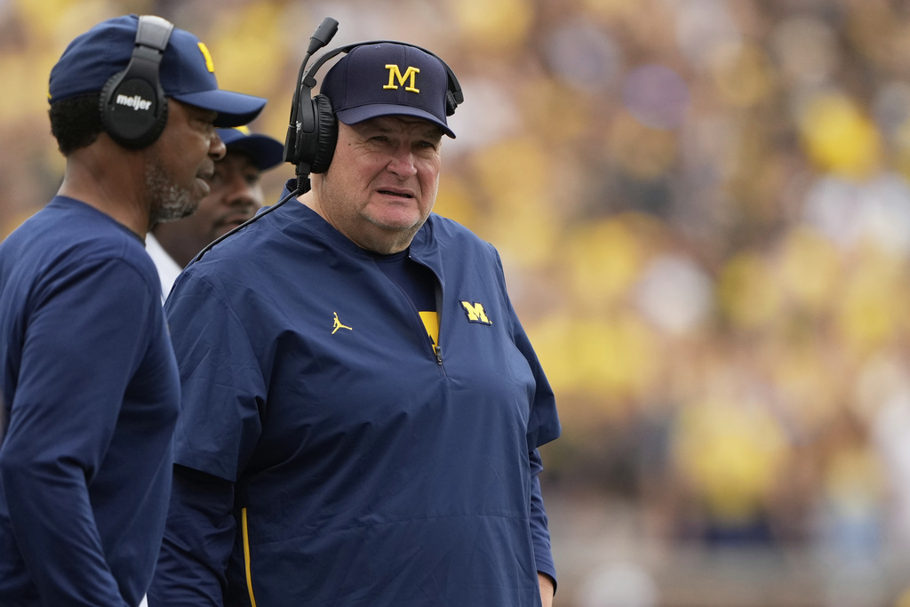 Michigan interim head coach Biff Poggi stands on the sideline during the first half of an NCAA college football game against Central Michigan, Saturday, Sept. 13, 2025, in Ann Arbor, Mich. (AP Photo/Ryan Sun)