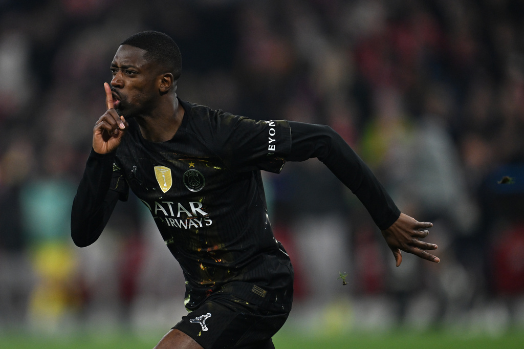 PSG's Ousmane Dembele celebrates after scoring their first goal during the Champions League semifinal second leg soccer match between Bayern Munich and Paris Saint Germain in Munich, Germany, Wednesday, May 6, 2026. (Sven Hoppe/dpa via AP)