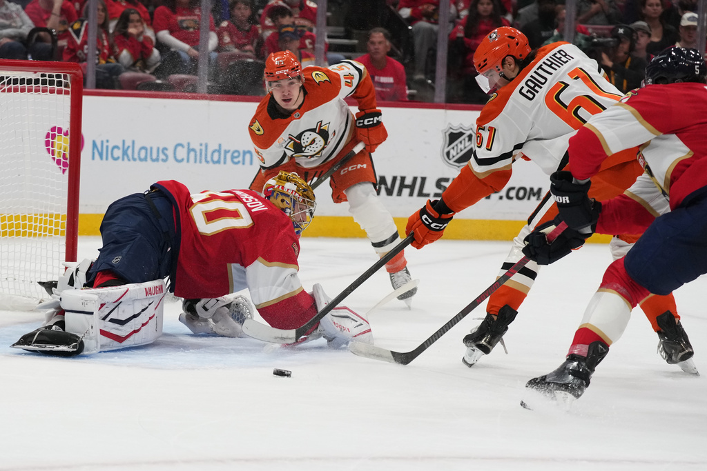 Florida Panthers goaltender Daniil Tarasov (40) defends the goal against Anaheim Ducks left wing Cutter Gauthier (61) during the first period of an NHL hockey game, Tuesday, Oct. 28, 2025, in Sunrise, Fla. (AP Photo/Lynne Sladky)