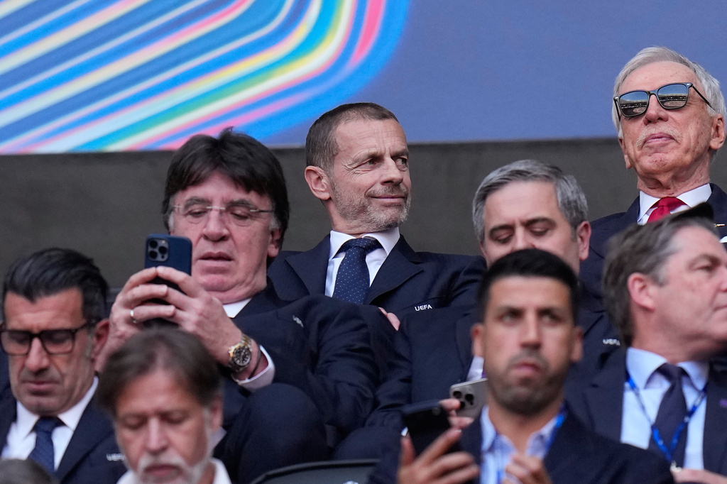 UEFA President Aleksander Ceferin on the tribune before the Champions League final soccer match between Paris Saint-Germain and Arsenal in Budapest, Hungary, Saturday, May 30, 2026. (AP Photo/Petr Josek)