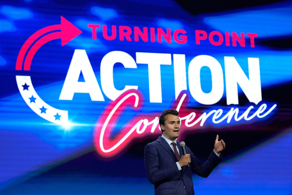 FILE - Charlie Kirk, founder of Turning Point USA speaks during the Turning Point Action conference, July 15, 2023, in West Palm Beach, Fla.(AP Photo/Lynne Sladky, File)