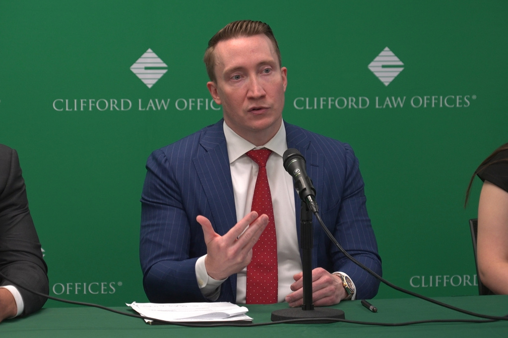 This image taken from video shows Joseph Murphy, from Clifford Law Offices, speaking at a news conference in Chicago, Tuesday, July 21, 2026. (AP Photo/Laura Bargfeld)