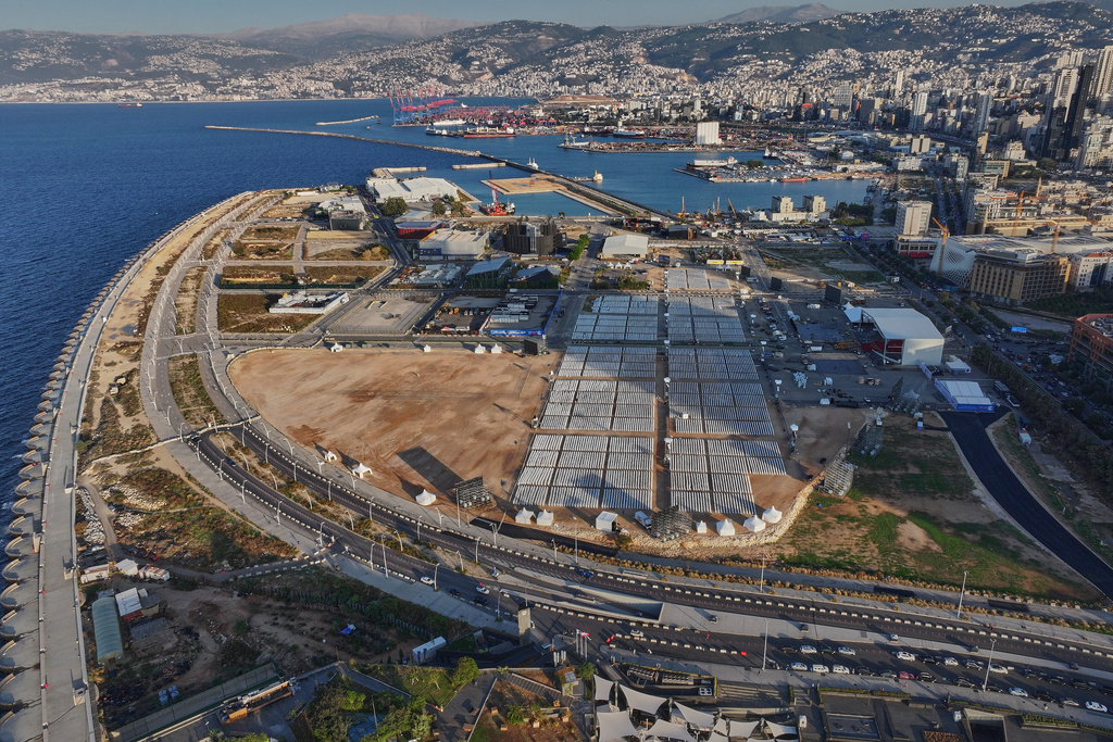 An aerial view shows the area where Pope Leo XIV will hold a Holy mass during his visit to Lebanon, at the waterfront of downtown Beirut, Thursday, Nov. 27, 2025. (AP Photo/Hussein Malla)