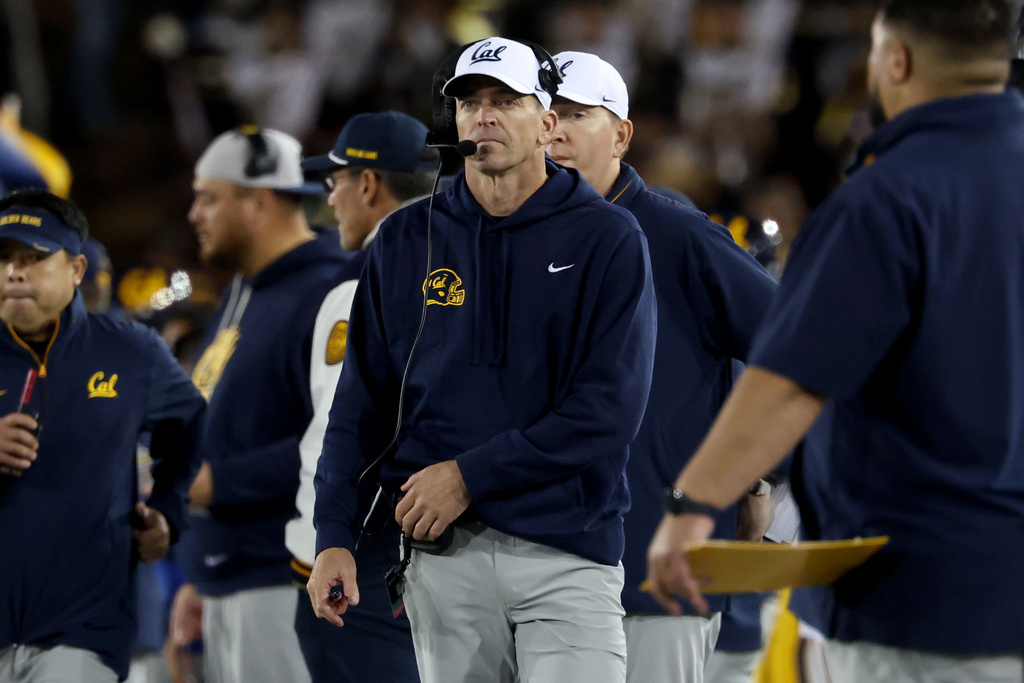 California head coach Justin Wilcox stands on the sidelines during the first half of an NCAA college football game against Stanford in Stanford, Calif., Saturday, Nov. 22, 2025. (AP Photo/Jed Jacobsohn)