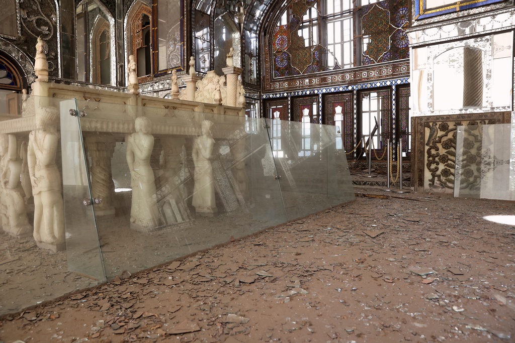 Damage caused by U.S. and Israeli strikes on Iran is seen at the Qajar-era Golestan Palace in Tehran, Iran, March 3, 2026. (ISNA via AP)