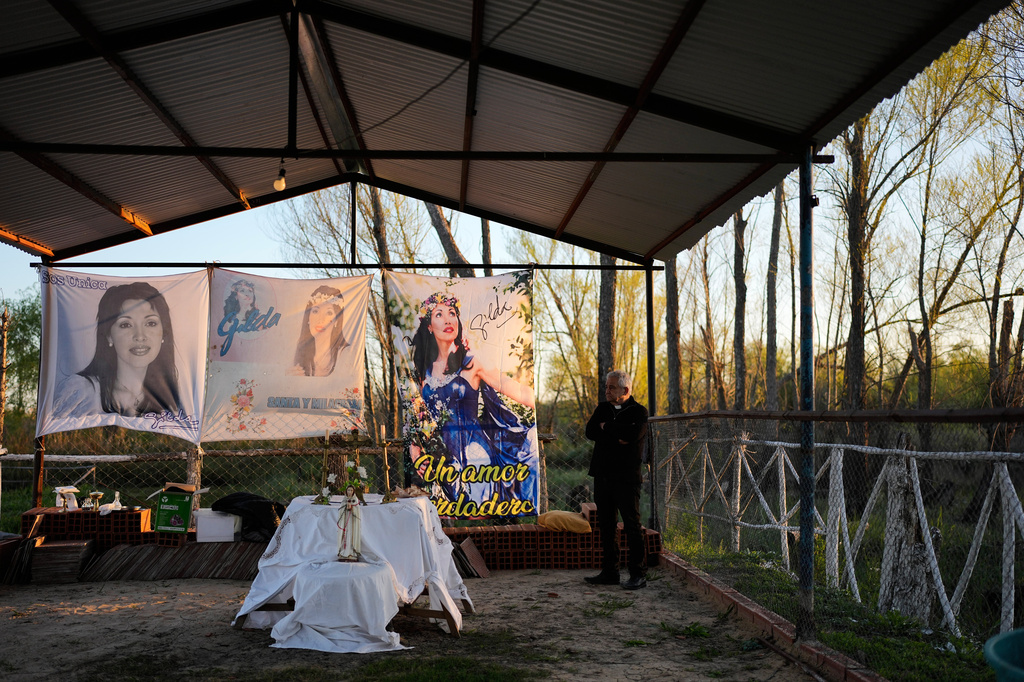 Priest Carlos Baigorria waits to offer a mass at a sanctuary dedicated to Argentine singer Gilda on the 30th anniversary of her death in a bus crash, in Entre Rios, Argentina, Monday, Sept. 7, 2026. (AP Photo/Natacha Pisarenko)