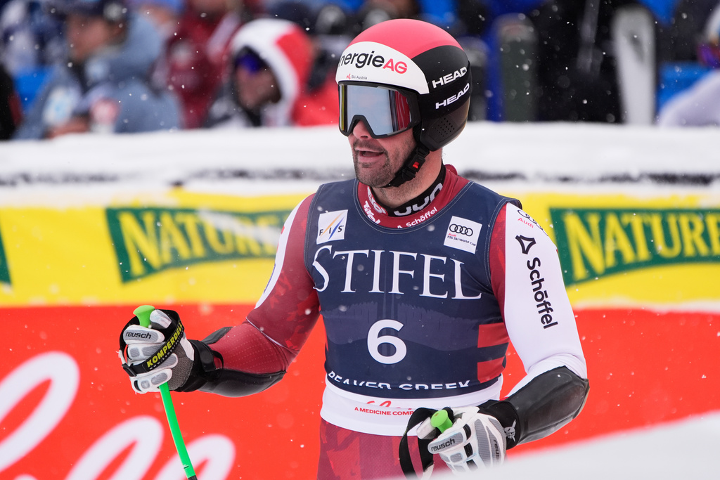 Austria's Vincent Kriechmayr reacts after his run during a World Cup men's super-G skiing race, Friday, Dec. 5, 2025, in Beaver Creek, Colo. (AP Photo/John Locher)