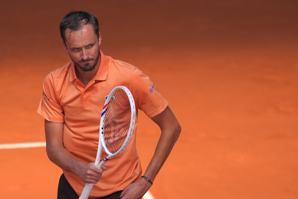 Daniil Medvedev of Russia celebrates at the end of the match against Nicolai Budkov Kjaer of Norway during the Madrid Open tennis tournament in Madrid, Monday, April 27, 2026. (AP Photo/Manu Fernandez)