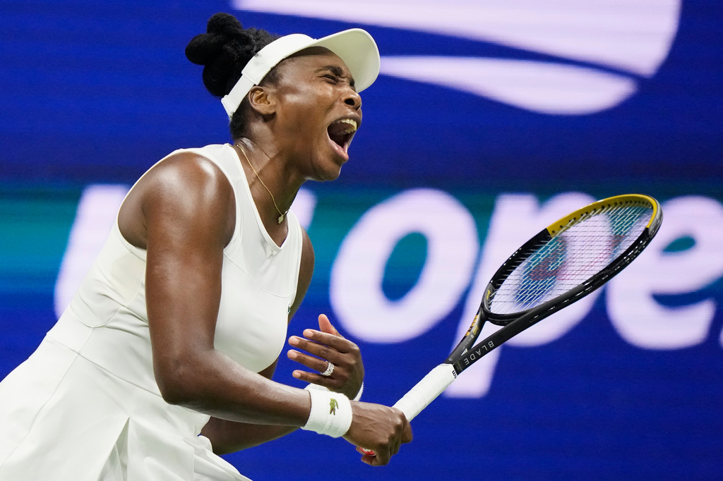Venus Williams, of the United States, reacts during her first round match against compatriot Sofia Kenin at the U.S. Open tennis championships, Monday, Aug. 31, 2026, in New York. (AP Photo/Frank Franklin II)