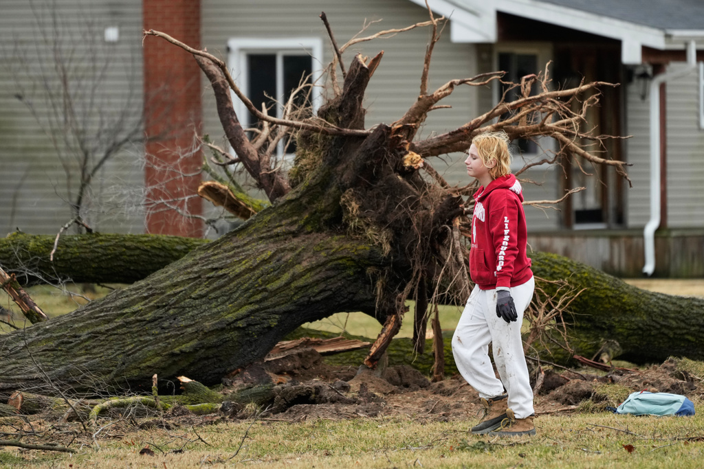 A volunteer works to clear debris a day after a storm whipped up a tornado through the area, in Union City Mich., Saturday, March 7, 2026. (AP Photo/Nam Y. Huh)