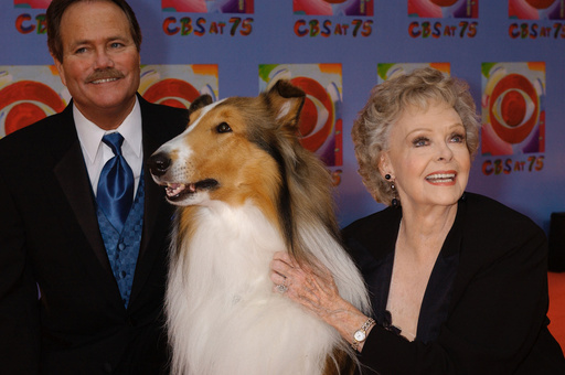 FILE - June Lockhart, right, who played the character of Ruth Martin, mother of Timmy Martin, played by Jon Provost, left, during the classic series "Lassie," poses for a photograph with Lassie, 9th generation, during arrivals at CBS's 75th anniversary celebration Sunday, Nov. 2, 2003, in New York. (AP Photo/Louis Lanzano, File) FILE - June Lockhart, right, who played the character of Ruth Martin, mother of Timmy Martin, played by Jon Provost, left, during the classic series "Lassie," poses for a photograph with Lassie, 9th generation, during arrivals at CBS's 75th anniversary celebration Sunday, Nov. 2, 2003, in New York. (AP Photo/Louis Lanzano, File)