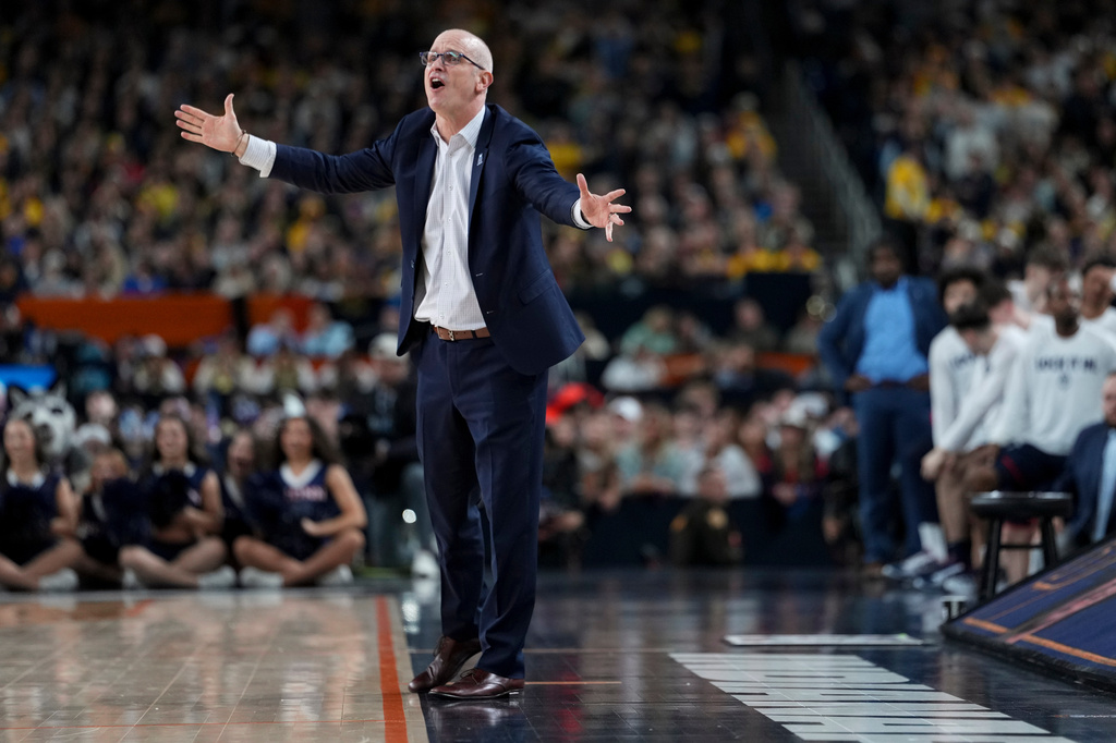 UConn head coach Dan Hurley reacts during the second half of the NCAA college basketball tournament national championship game against Michigan at the Final Four, Monday, April 6, 2026, in Indianapolis. (AP Photo/Abbie Parr)