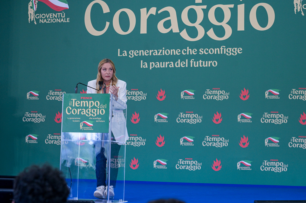 Italy's Prime Minister Giorgia Meloni attends at Fenix, the FdI youth festival, in Rome, Sunday, Sept. 20, 2026. (Valentina Stefanelli/LaPresse via AP)