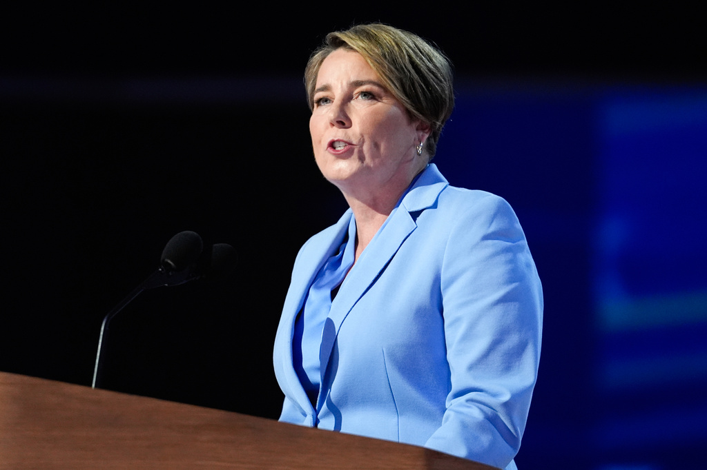 FILE - Massachusetts Gov. Maura Healey speaks at the 2024 Democratic National Convention on Aug. 22, 2024, in Chicago. (AP Photo/Paul Sancya, File)