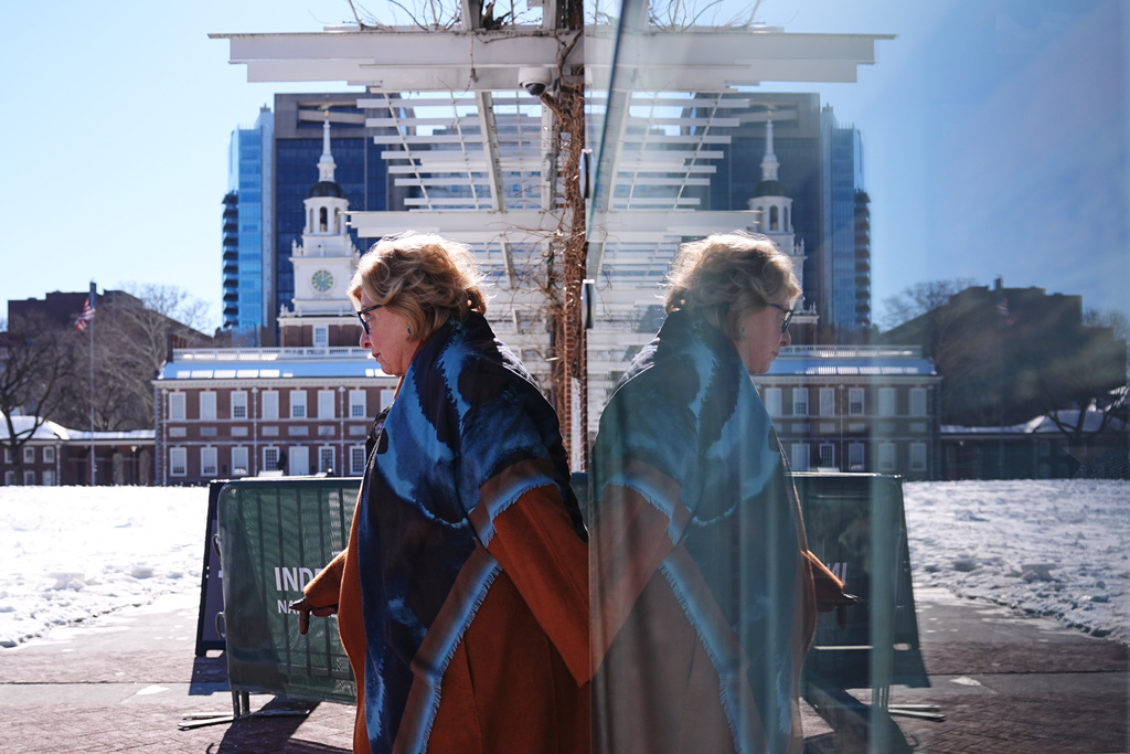 U.S. District Judge Cynthia Rufe, in view of Independence Hall, departs after inspecting the location of the now removed explanatory panels that were part of an exhibit on slavery at President's House Site in Philadelphia, Monday, Feb. 2, 2026. (AP Photo/Matt Rourke)