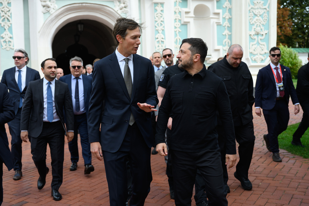 In this photo provided by the Ukrainian Presidential Press Office, Ukraine's President Volodymyr Zelenskyy, right, and U.S. President Donald Trump's envoy Jared Kushner talk in Kyiv, Ukraine, Sunday, Sept. 6, 2026. (Ukrainian Presidential Press Office via AP)