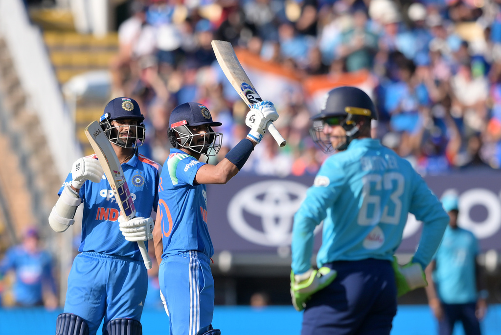 India's Axar Patel celebrates his fifty during the first ODI cricket match between England and India in Birmingham, England, Tuesday, July 14, 2026. (Gary Oakley/PA via AP)
