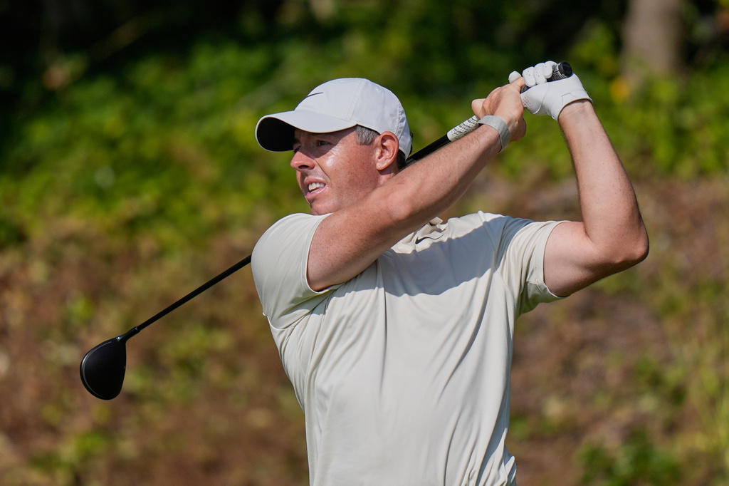 Rory McIlroy of Northern Ireland tees off on the 5th hole during the first day of the British Open Golf championships at Royal Birkdale golf club, in Southport, England, Thursday, July 16, 2026. (AP Photo/David Goldman)
