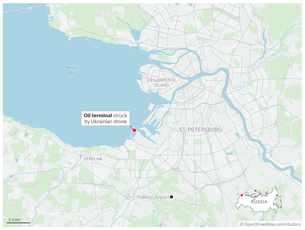 Map showing the location of a Ukrainian drone strike in St. Petersburg. (AP Digital Embed)