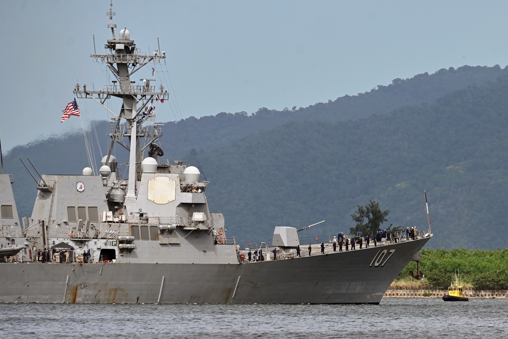 The USS Gravely destroyer prepares to dock for military exercises in Port-of-Spain, Trinidad and Tobago, Sunday, Oct. 26, 2025. (AP Photo/Robert Taylor)