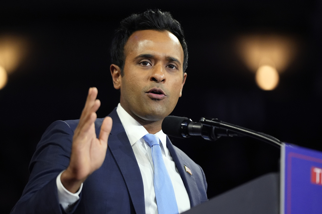 FILE - Vivek Ramaswamy speaks at a campaign rally, Oct. 9, 2024, in Reading, Pa. (AP Photo/Alex Brandon, File)