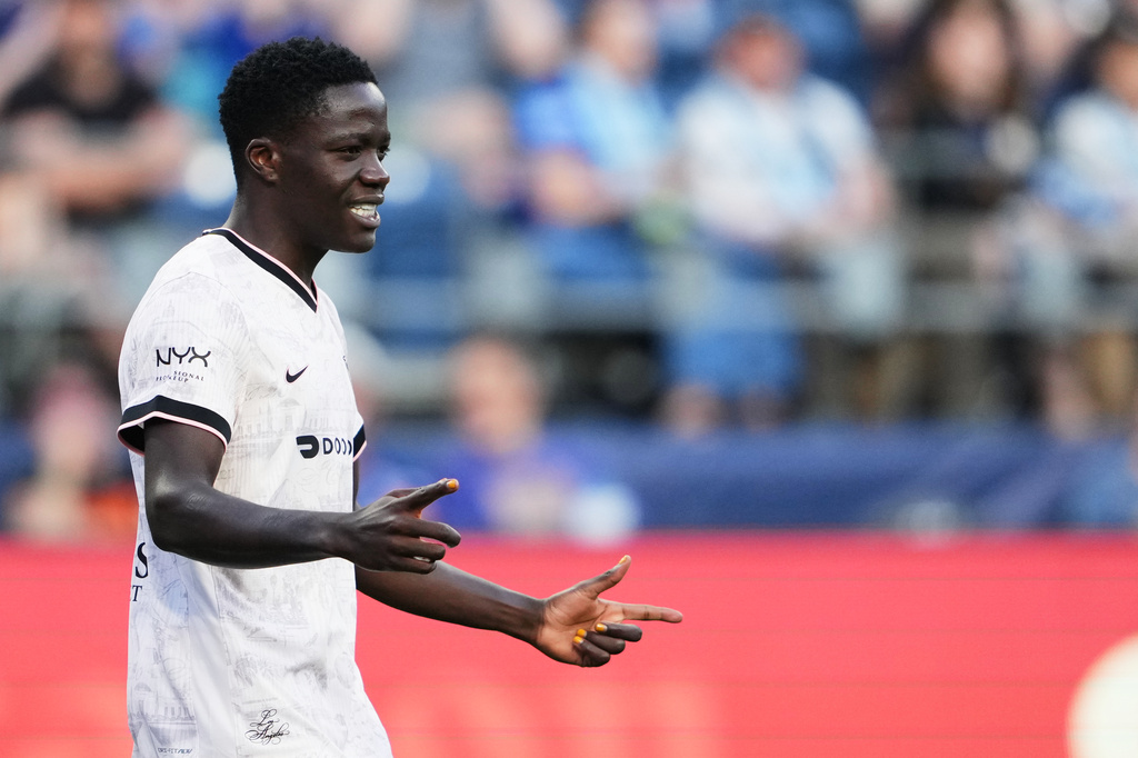 Angel City FC forward Prisca Chilufya celebrates after scoring against Seattle Reign FC during the second half of an NWSL soccer match, Sunday, Aug. 9, 2026, in Seattle. (AP Photo/Lindsey Wasson)
