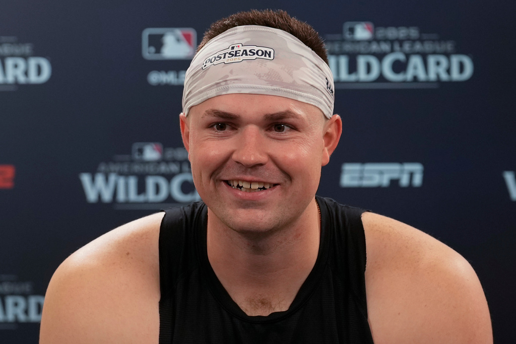 Detroit Tigers starting pitcher Tarik Skubal speaks during a news conference following Game 1 of the American League Wild Card baseball playoff series against the Cleveland Guardians in Cleveland, Tuesday, Sept. 30, 2025. (AP Photo/Sue Ogrocki)