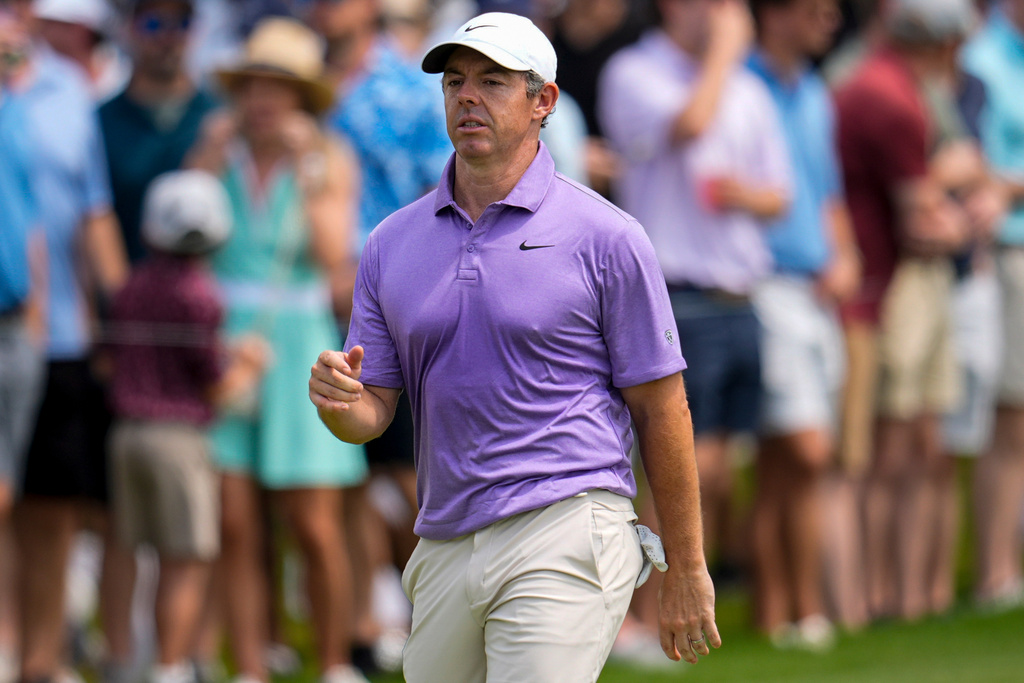 Rory McIlroy, of Northern Ireland, walks to the fith green during the third round of the PGA Tour Championship golf tournament, Saturday, Aug 29, 2026, in Atlanta.(AP Photo/Mike Stewart)