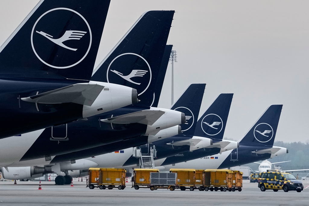 FILE - Lufthansa aircraft are parked at an airpor in Munich, Germany, April 13, 2026. (AP Photo/Matthias Schrader, File)
