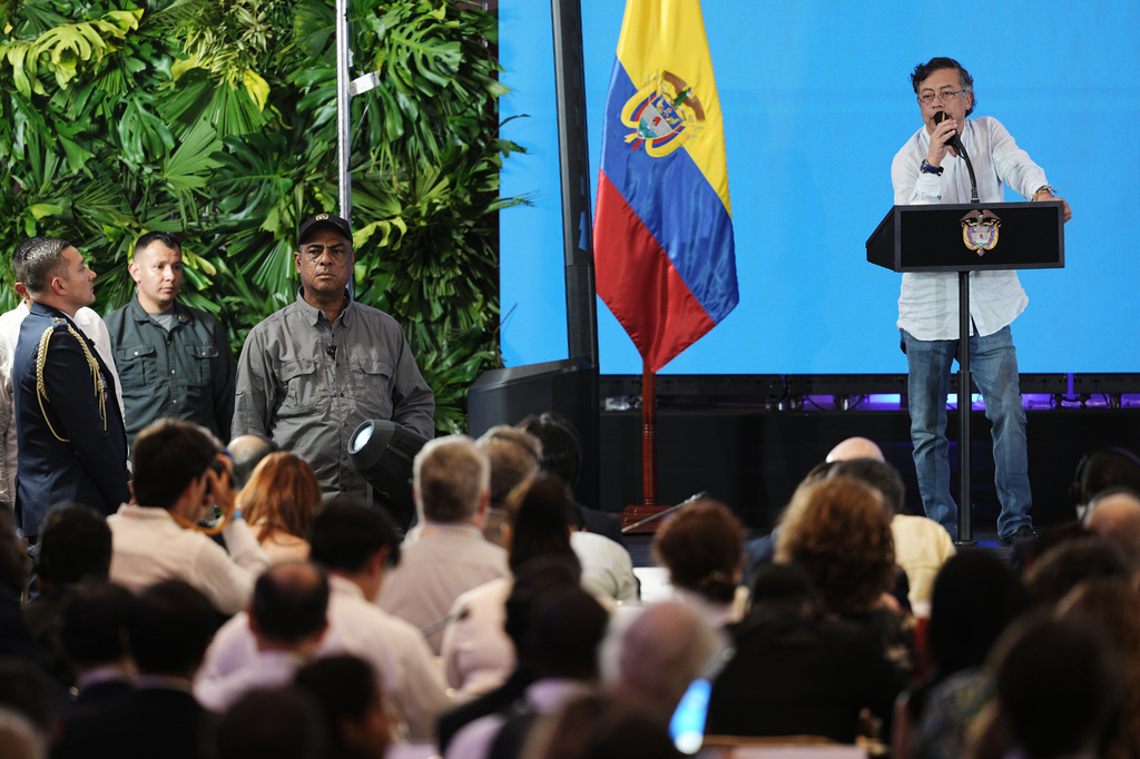 President Gustavo Petro, of Colombia, speaks during a conference aimed at transitioning away from fossil fuels Tuesday, April 28, 2026, in Santa Marta, Colombia. (AP Photo/Ivan Valencia)