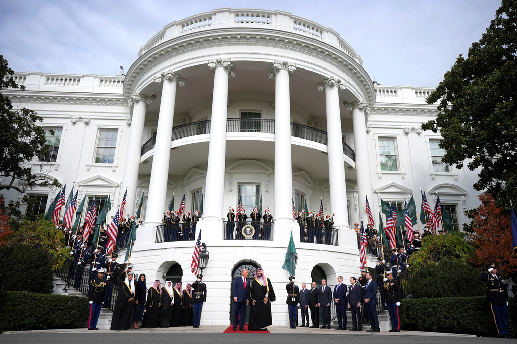 President Donald Trump welcomes Saudi Arabia's Crown Prince Mohammed bin Salman to the White House, Tuesday, Nov. 18, 2025, in Washington. (AP Photo/Mark Schiefelbein)