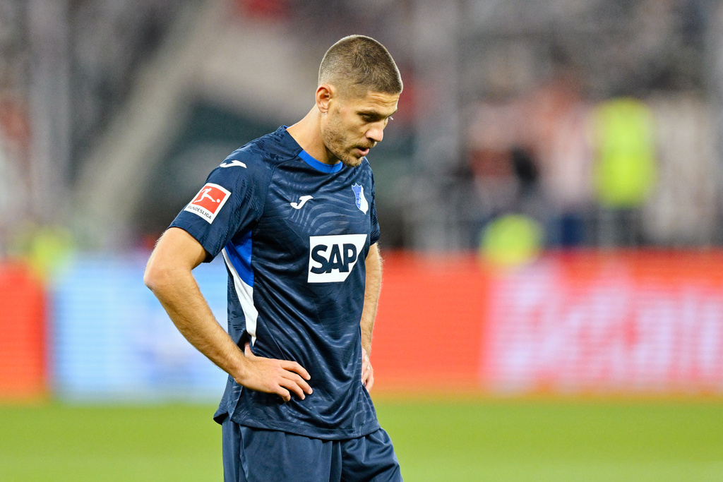 Hoffenheim's Andrej Kramaric reacts during the Bundesliga soccer match between Hoffenheim and Koln, at the PreZero Arena in Sinsheim, Germany, Friday Oct. 3, 2025. (Uwe Anspach/dpa via AP)