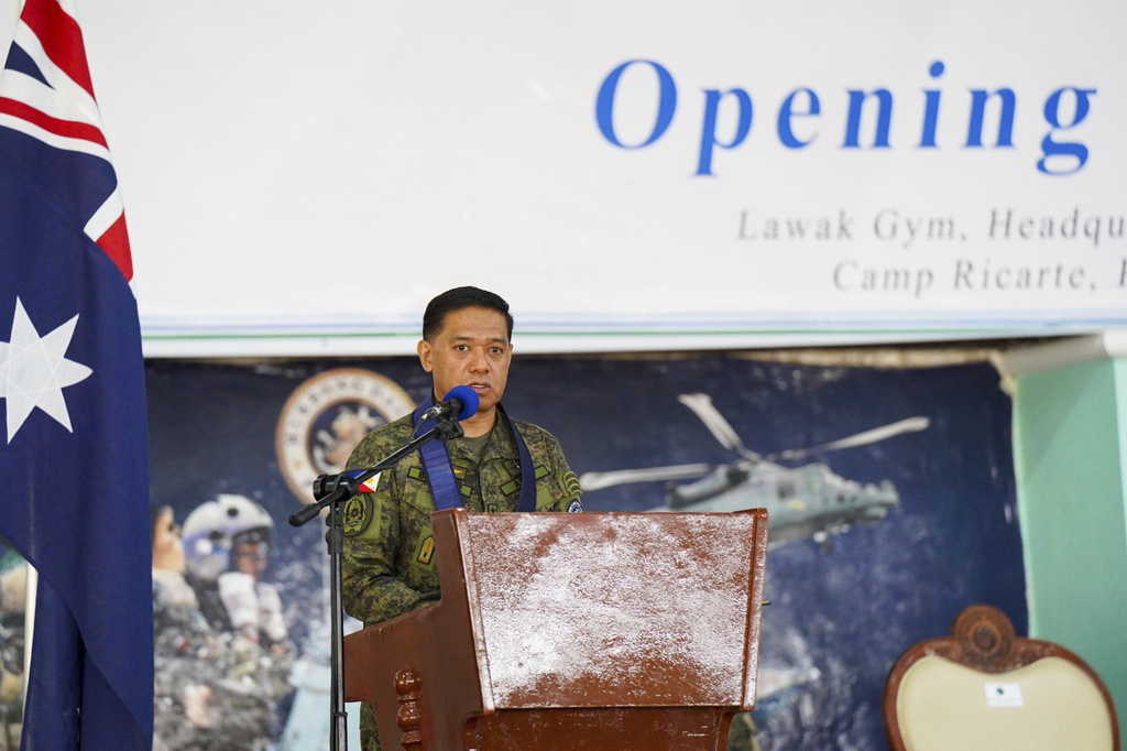 In this photo provided by the Armed Forces of the Philippines, Philippine military chief Gen. Romeo Brawner Jr. speaks during the opening ceremony of joint military drills between Australia and the Philippines called Alon, meaning wave in the Philippine language, in Palawan province, Philippines on Friday, Aug. 15, 2025. (Armed Forces of the Philippines via AP)