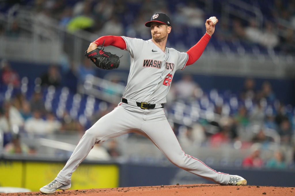 Washington Nationals starting pitcher Foster Griffin (22) throws during the first inning of a baseball game against the Miami Marlins, Friday, May 8, 2026, in Miami. (AP Photo/Lynne Sladky)