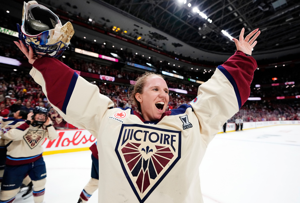 Montreal Victoire goaltender Ann-Renee Desbiens (35) celebrates after defeating the Ottawa Charge in game 4 of the PWHL Walter Cup hockey final in Ottawa, on Wednesday, May 20, 2026. (Justin TangThe Canadian Press via AP) CORRECTION: name of photographer Justin Tang