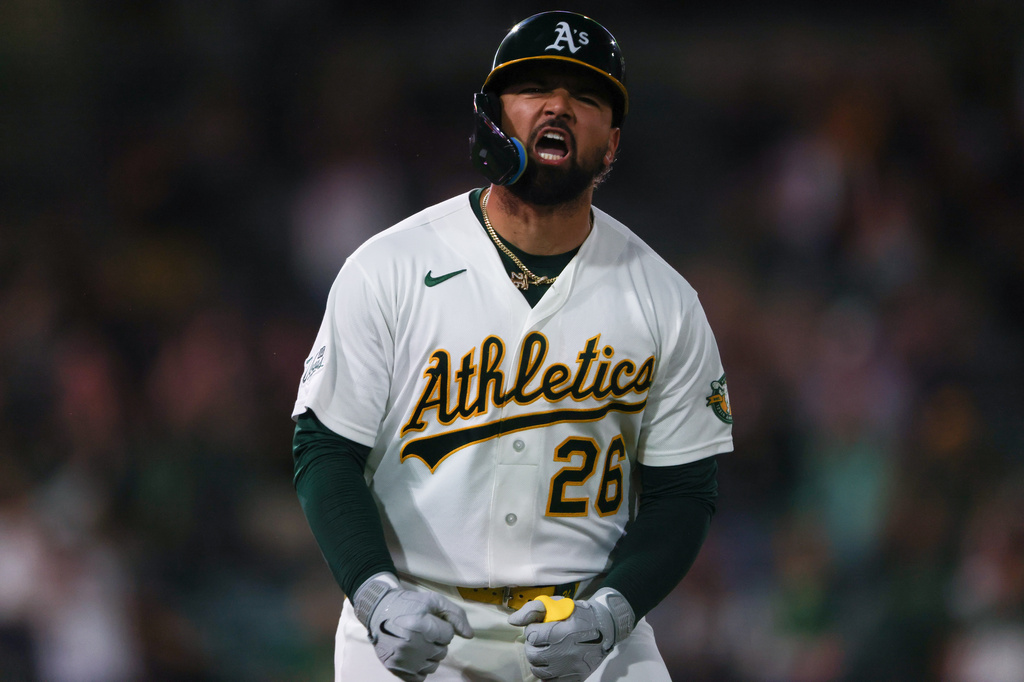 Athletics' Carlos Cortes reacts after hitting a go ahead two-run home run during the eighth inning of a baseball game against the Los Angeles Angels Tuesday, Sept. 22, 2026, in West Sacramento, Calif. (AP Photo/Scott Marshall)