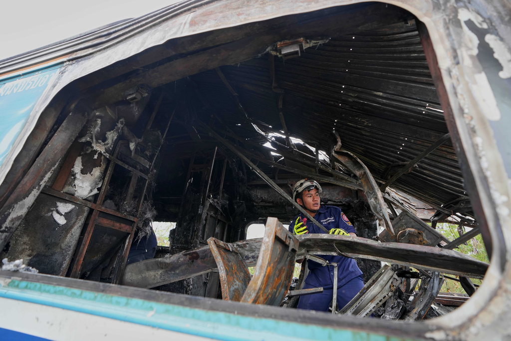 A rescuer works amidst the wreckage after a construction crane fell into a passenger train in Nakhon Ratchasima province, Thailand, Wednesday, Jan.14, 2026. (AP Photo/Sakchai Lalit))