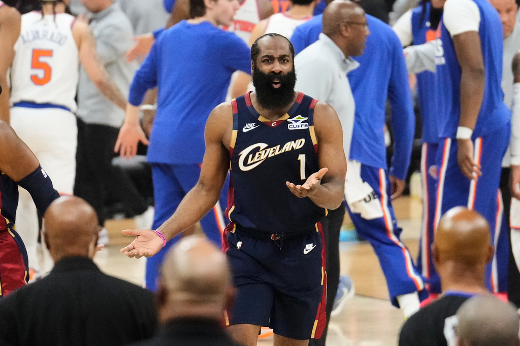 Cleveland Cavaliers guard James Harden reacts to a call during the first half of Game 4 in the Eastern Conference finals NBA basketball playoffs series against the New York Knicks in Cleveland, Monday, May 25, 2026. (AP Photo/Sue Ogrocki)