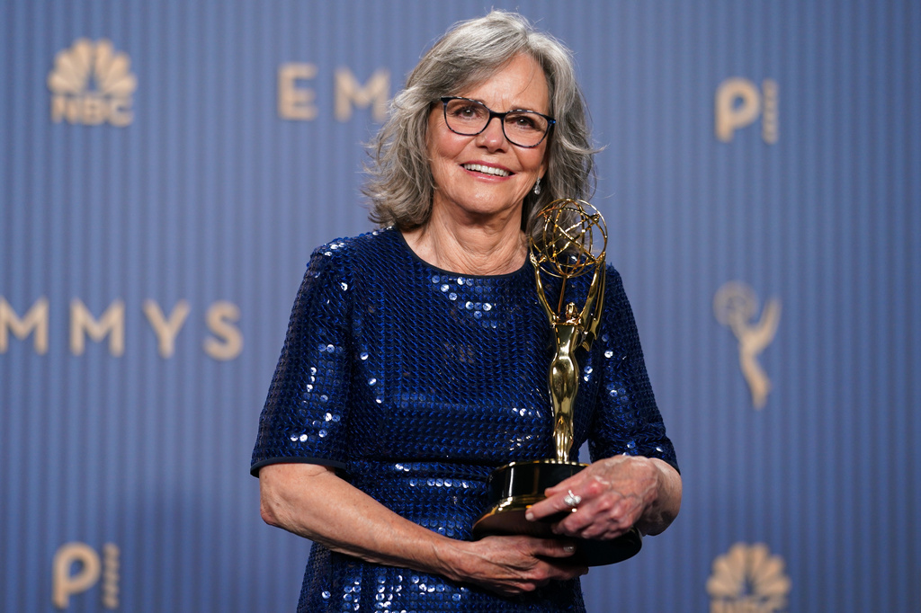Sally Field poses in the press room with the award for outstanding lead actress in a limited or anthology series or movie for "Remarkably Bright Creatures" during the 78th Emmy Awards on Monday, Sept. 14, 2026, at the JW Marriott in Los Angeles. (Photo by Richard Shotwell/Invision/AP)