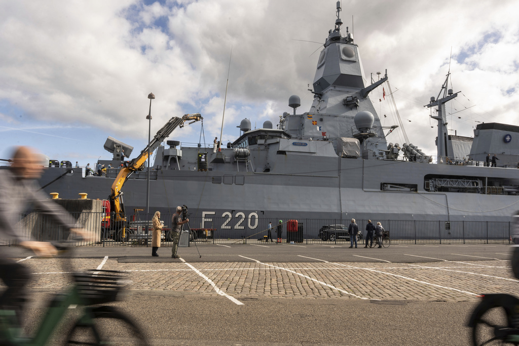 The German Navy air defense frigate FGS Hamburg F220 is docked in Copenhagen on Sunday, Sept. 28, 2025. (Emil Nicolai Helms/Ritzau Scanpix via AP)