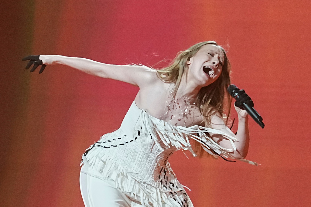 Leleka from Ukraine performs the song "Ridnym" during the second semifinal of the 70th Eurovision Song Contest in Vienna, Austria, Thursday, May 14, 2026. (AP Photo/Martin Meissner)