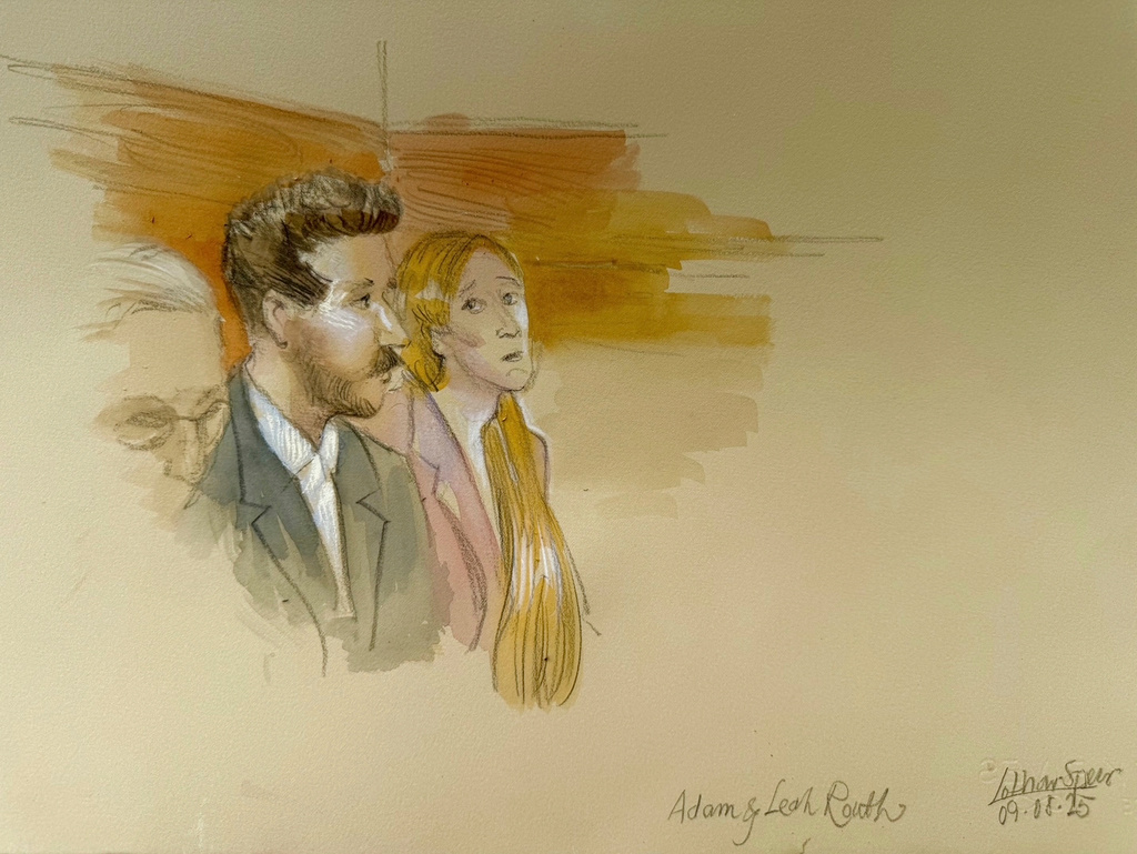 This courtroom sketch shows Ryan Routh's children, Adam Routh, left, and Leah Routh, sitting in the gallery during the trial of Routh, who is charged with attempting to assassinate Donald Trump last year at a golf course in South Florida, Monday, Sept. 8, 2025, in Fort Pierce, Fla. (Lothar Speer via AP)
