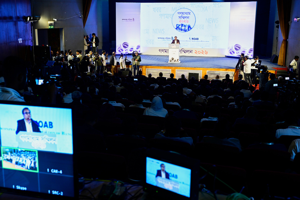 Journalists, editors and owners of media outlets gather at a conference demanding protection after recent attacks on two major newspapers in Dhaka, Bangladesh, Saturday, Jan. 17, 2026. (AP Photo/Mahmud Hossain Opu)
